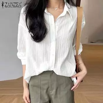 ZANZEA Женская повседневная свободная блузка с отложным воротником и длинными рукавами S белый