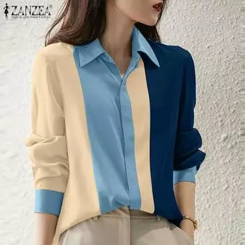 ZANZEA Женская повседневная свободная блузка с отложным воротником и длинными рукавами S зелёный