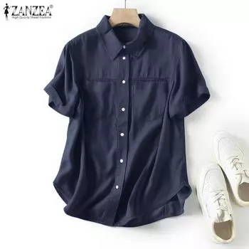 ZANZEA Женская повседневная свободная блузка с отложным воротником и короткими рукавами S темно-синий