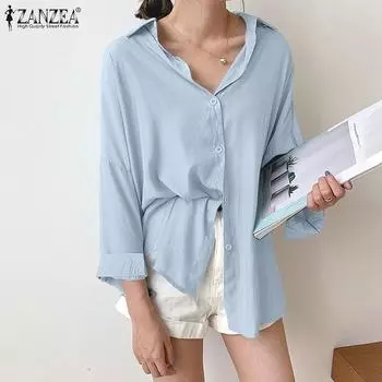ZANZEA Женская повседневная свободная блузка с отложным воротником и длинными рукавами