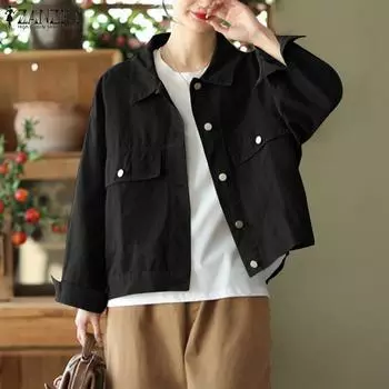 ZANZEA Женская повседневная свободная блузка с отложным воротником и длинными рукавами S хаки