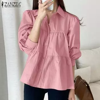 ZANZEA Женская повседневная свободная блузка с отложным воротником и длинными рукавами S белый