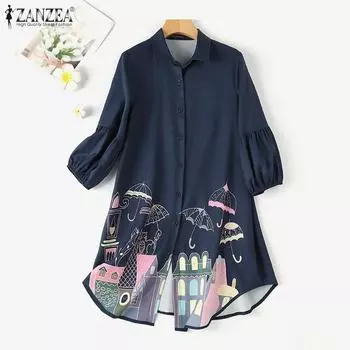 ZANZEA Женская повседневная свободная блузка с отложным воротником и рукавами 3/4 с принтом S темно-синий