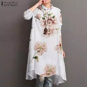 ZANZEA Женская повседневная свободная блузка с пышными рукавами и цветочным принтом в стиле ретро, длинная рубашка с нерегулярным подолом