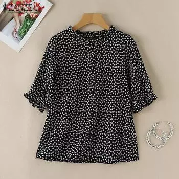 ZANZEA Женская повседневная свободная блузка с рукавами 3/4 и принтом 3XL чёрный