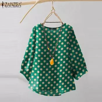 ZANZEA Женская повседневная свободная блузка с рукавом 3/4 в горошек S зелёный