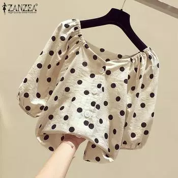 ZANZEA Женская повседневная свободная блузка с v-образным вырезом и принтом в горошек до половины рукава M розовый