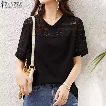 ZANZEA Женская повседневная свободная блузка с v-образным вырезом и короткими рукавами, однотонная кружевная блузка S чёрный