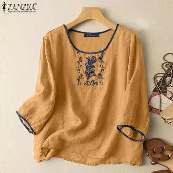 ZANZEA Женская повседневная свободная блузка с вышивкой и рукавом 3/4 S коричневый