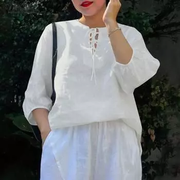 ZANZEA Женская повседневная свободная блузка со шнуровкой и V-образным вырезом и рукавом 3/4 S белый