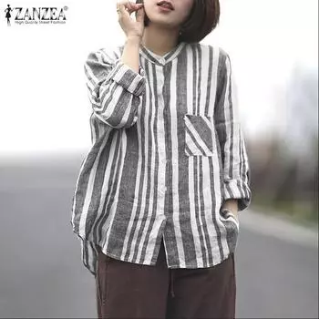 ZANZEA Женская повседневная свободная блузка в полоску с круглым вырезом и длинными рукавами S серый
