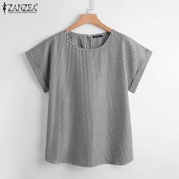 ZANZEA Женская повседневная свободная блузка в полоску с круглым вырезом и короткими рукавами S светло-синий