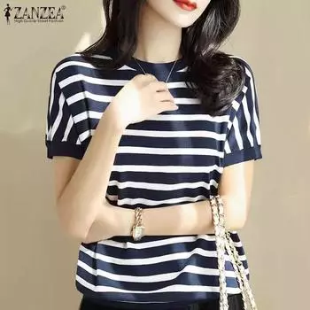 ZANZEA Женская повседневная свободная блузка в полоску с круглым вырезом и короткими рукавами S зелёный