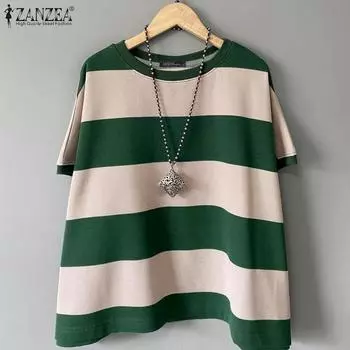 ZANZEA Женская повседневная свободная блузка в полоску с круглым вырезом и короткими рукавами M чёрный