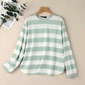 ZANZEA Женская повседневная свободная блузка в полоску с круглым вырезом и длинными рукавами S чёрный