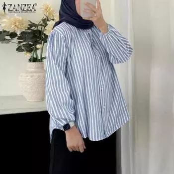 ZANZEA Женская повседневная свободная блузка в полоску с круглым вырезом и длинными рукавами S чёрный