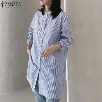 ZANZEA Женская повседневная свободная блузка в полоску с круглым вырезом и длинными рукавами S зелёный