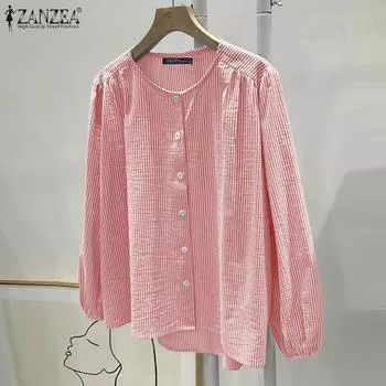 ZANZEA Женская повседневная свободная блузка в полоску с круглым вырезом и длинными рукавами S чёрный