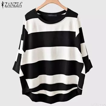 ZANZEA Женская повседневная свободная блузка в полоску с круглым вырезом и рукавом 3/4 4XL розовый