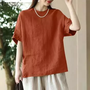 ZANZEA Женская повседневная свободная хлопковая блузка с круглым вырезом и короткими рукавами S чёрный