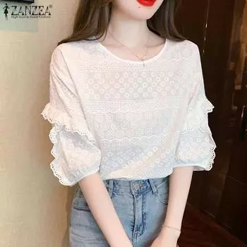 ZANZEA Женская повседневная свободная хлопковая блузка с круглым вырезом и рукавами 3/4 S белый