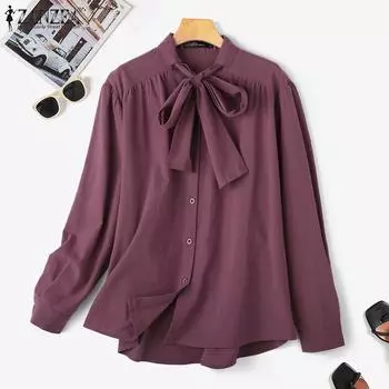 ZANZEA Женская повседневная свободная хлопковая блузка с круглым вырезом и длинными рукавами