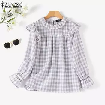 ZANZEA Женская повседневная свободная клетчатая блузка с круглым вырезом и рукавом девять четвертей