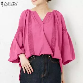 ZANZEA Женская повседневная свободная кружевная блузка с v-образным вырезом и рукавами 3/4 в стиле пэчворк M белый