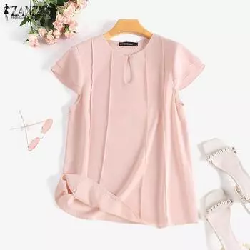 ZANZEA Женская повседневная свободная летняя блузка с круглым вырезом и коротким рукавом