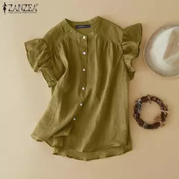 ZANZEA Женская повседневная свободная летняя блузка с круглым вырезом и короткими рукавами S белый