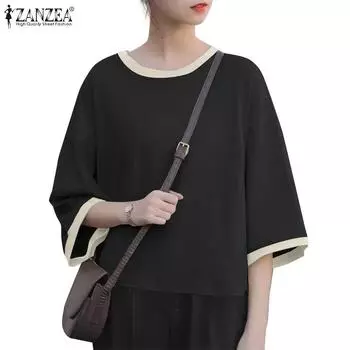 ZANZEA Женская повседневная свободная лоскутная блузка с круглым вырезом и рукавами 3/4