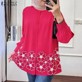 ZANZEA Женская повседневная свободная мусульманская блузка с круглым вырезом и длинным рукавом S