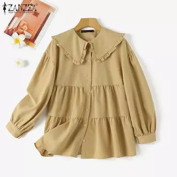 ZANZEA Женская повседневная свободная осенняя блузка с отложным воротником и пышными рукавами