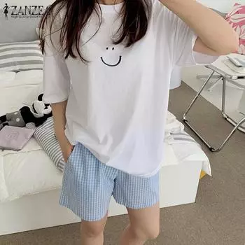 ZANZEA Женская повседневная свободная пижама с круглым вырезом и коротким рукавом с принтом M белый