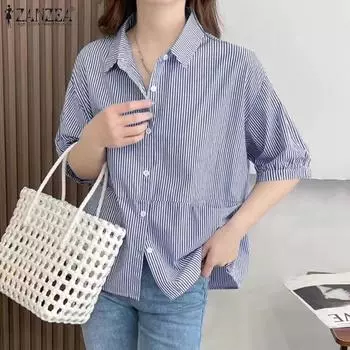 ZANZEA Женская повседневная свободная полосатая блузка с отложным воротником и рукавами 3/4