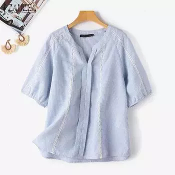 ZANZEA Женская повседневная свободная полосатая блузка с v-образным вырезом и половиной рукавов S чёрный