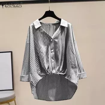 ZANZEA Женская повседневная свободная полосатая блузка с отложным воротником и рукавами 3/4