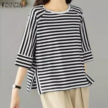 ZANZEA Женская повседневная свободная полосатая блузка с круглым вырезом и рукавами 3/4 M