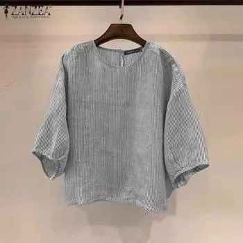 ZANZEA Женская повседневная свободная полосатая блузка с круглым вырезом и рукавами 3/4 S