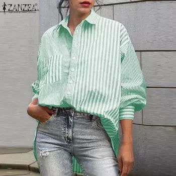 ZANZEA Женская повседневная свободная полосатая блузка с отложным воротником и длинными рукавами S розовый