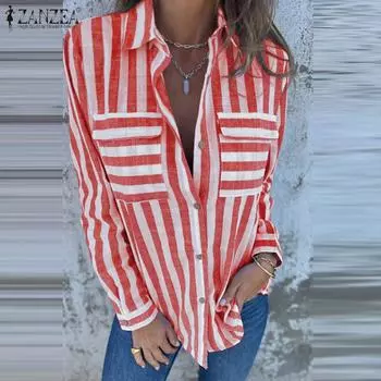 ZANZEA Женская повседневная свободная полосатая блузка с отложным воротником и длинными рукавами S красный
