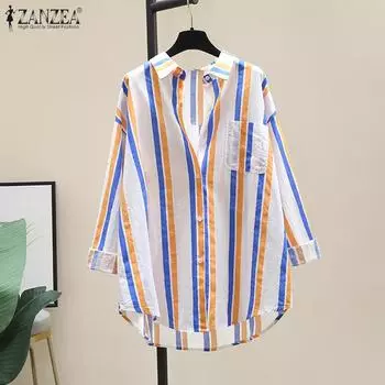 ZANZEA Женская повседневная свободная полосатая блузка с отложным воротником и длинными рукавами S зелёный