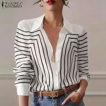 ZANZEA Женская повседневная свободная полосатая блузка с отложным воротником и длинными рукавами 5XL чёрный