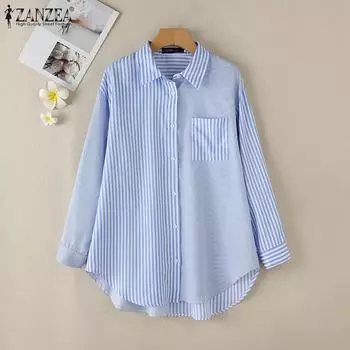 ZANZEA Женская повседневная свободная полосатая блузка с отложным воротником и длинными рукавами S чёрный