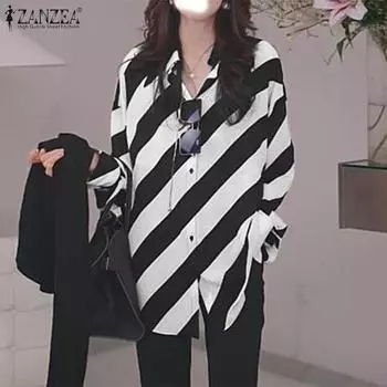 ZANZEA Женская повседневная свободная полосатая блузка с отложным воротником и длинными рукавами S чёрный