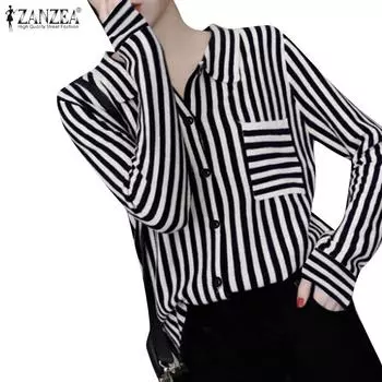 ZANZEA Женская повседневная свободная полосатая блузка с отложным воротником и длинными рукавами M чёрный