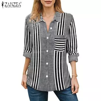ZANZEA Женская повседневная свободная полосатая блузка с отложным воротником и рукавами 3/4 S чёрный
