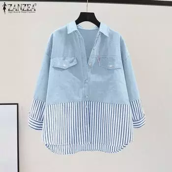 ZANZEA Женская повседневная свободная рубашка в полоску с воротником и длинными рукавами S чёрный