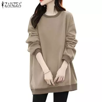 ZANZEA Женская повседневная свободная толстовка с круглым вырезом и длинным рукавом S чёрный