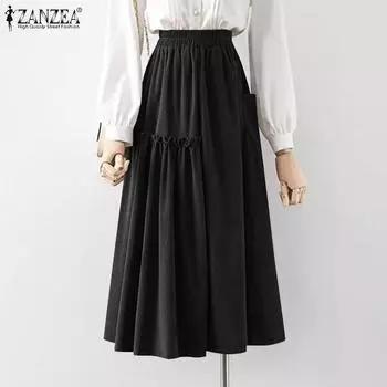 ZANZEA Женская повседневная свободная юбка-трапеция с эластичной талией из флиса 2XL чёрный